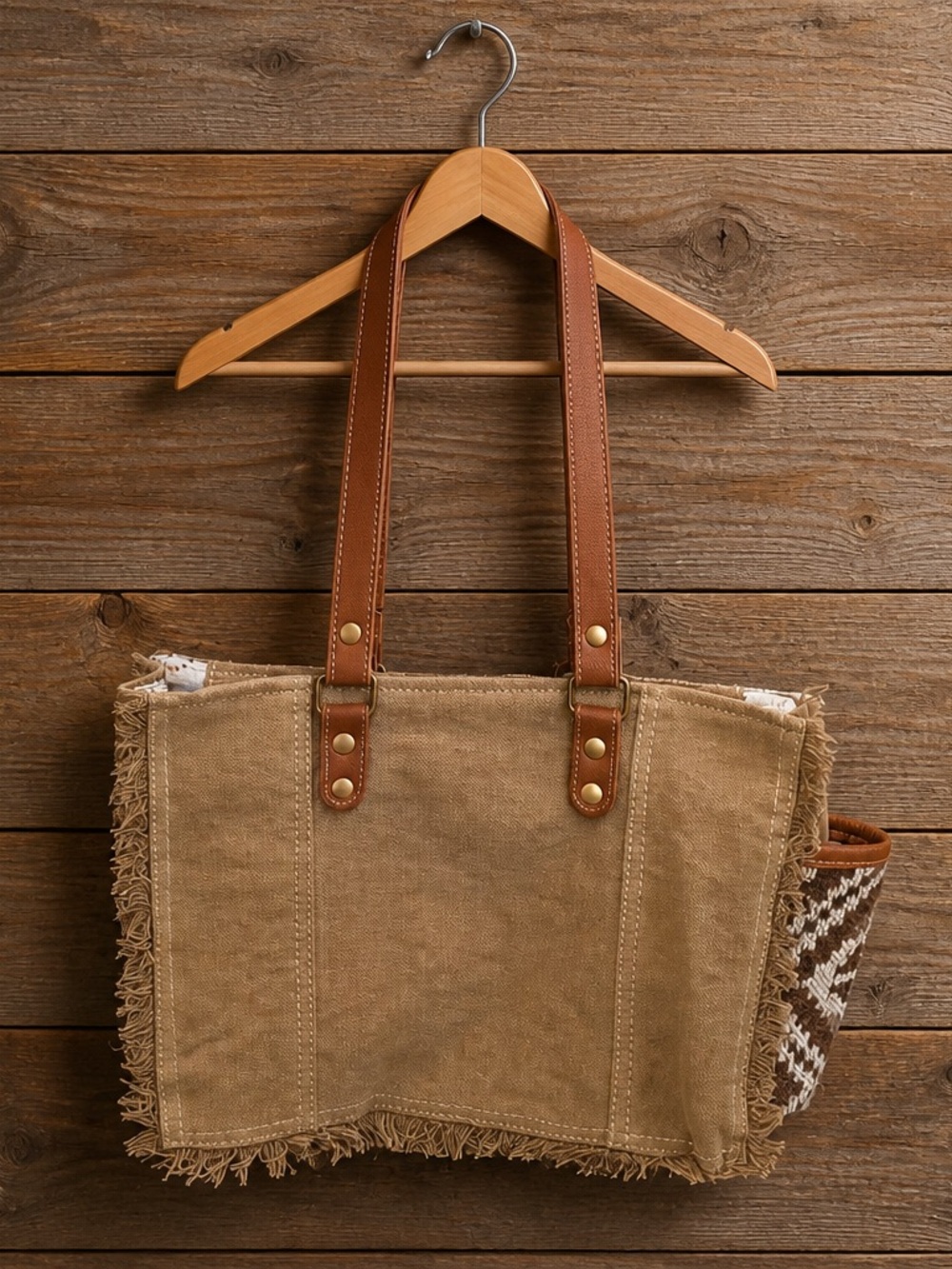 Myra Bag Brown & White Patterned Canvas and Leather Tote - Picture 2 of 3